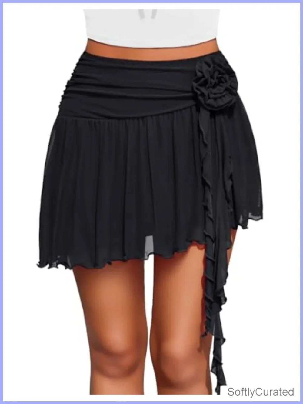Flowy Y2K Asymmetric Mini Skirt with Ruched Waistband 3D Floral Applique